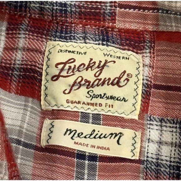 Lucky Brand Red Madras Plaid Western Flannel Button Up Shirt Mens Medium - Picture 6 of 11